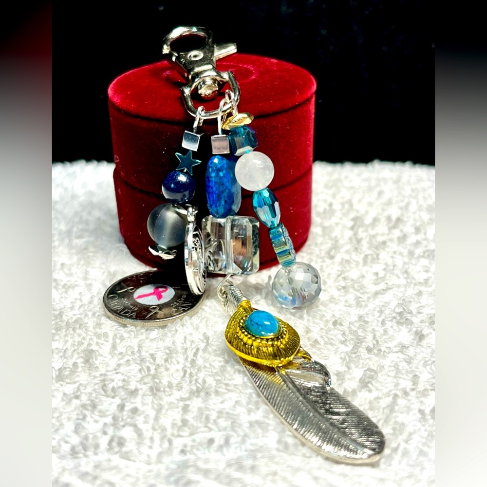 Long turquoise and silver feather keychain-add to your purse or laptop case